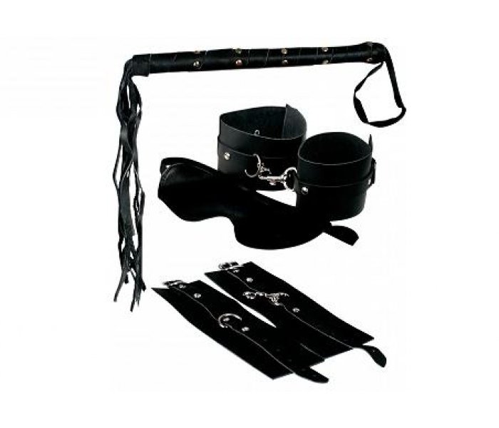 Набор Super Deluxe Leather Bondage: наручники, наножники, маска, плетка